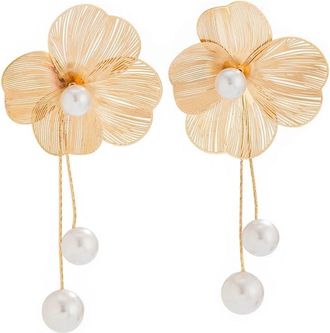 Generic 1 Pair Womens Romantic Flower Petal Long Tassel Drop Earrings Trendy Imitation Pearl Hanging Piercing Wedding Jewelry Gift Handy and Professional Mult