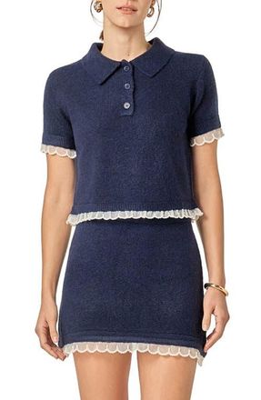 English Factory Faux Pearl Embellished Polo Sweater in Navy at Nordstrom, Size X-Small
