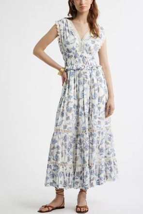 Treasure & Bond Floral Lace Trim Tiered Midi Dress in Ivory- Blue Boho Bloom at Nordstrom, Size Xx-Small