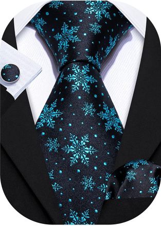 Barry.Wang Mens Christmas Ties Set Silk Teal Xmas Snowflake Necktie Pocket Square Cufflinks Party Festival