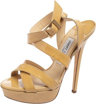 Jimmy Choo London Beige Patent Leather Vamp Platform Sandals