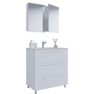 ebuy24 Ebuy24 - Vcm 3 Piezas Lavabo Lavabo Gabinete Inferior Ancho 80 Cm Muebles De Ba&ntilde;o Conjunto De Pie Con Tres Cajones Espejo Gabinete Badinos (blanco)