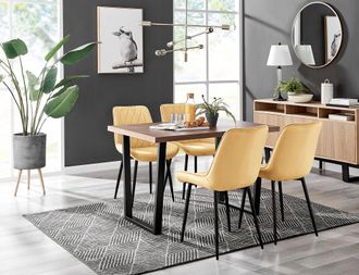 Furniturebox Kylo Brown Wood Effect Dining Table With Black U Legs & 4 Pesaro Velvet Chairs in Mustard