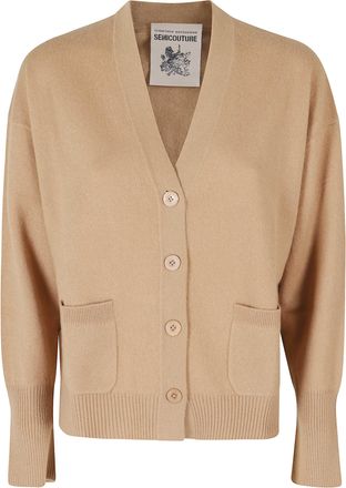 Semicouture Camel Esther Crew Neck Ribbed Trim Wool Cardigan