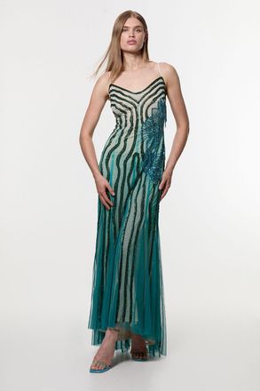 Karen Millen Womens Digital Ophelia Ombre Beaded Strapless Woven Maxi Dress - Green - Size 16 UK