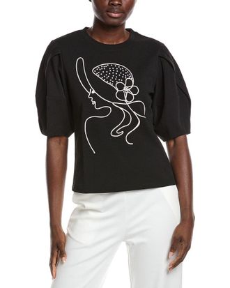 Gracia Abstract Face Embroidered Puff Sleeve Top