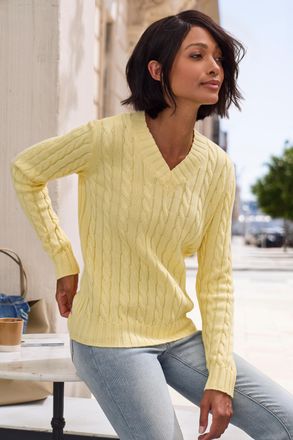 Lascana V-Ausschnitt-Pullover LASCANA, Damen, Gr. 32/34, gelb, Strick, Obermaterial: 50% Baumwolle, 50% Polyacryl, Zopfmuster, figurumspielend h&uuml;ftlang, V-Aus