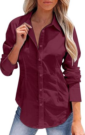 Generic Blouses for Women UK Elegant Smart Linen Tops for Women UK Button Down Business Slim Casual Blouse Cotton Linen Office Work Blouses Breathable Fashion