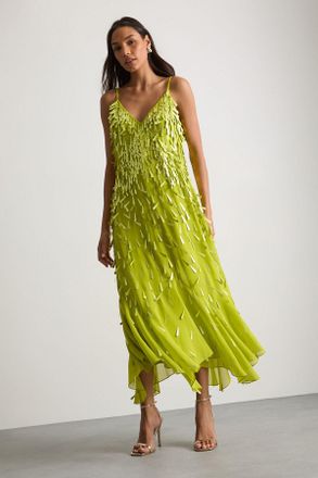 Warehouse Womens Premium Teardrop Embellished Bias Cut Midi Dress - Yellow - Size 12 UK
