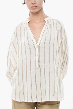 Woolrich Striped Linen-Blend Blouse with V-Neck size Xs