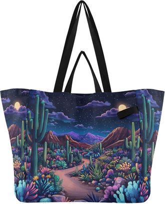 Generic Cactus Stars Blue print Reusable Canvas Tote Bag, Heavy Duty Grocery Shopping Bag with Double Handles Large Capacity Hard Bottom Work Groceries Travel