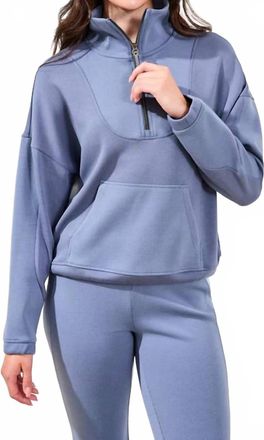 Tribal Techno Lux Zip Mock Neck Top In Slate Blue