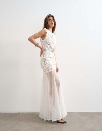 Topshop Vestito premium con gonna a ruota alluncinetto in maglia &eacute;cru-Bianco