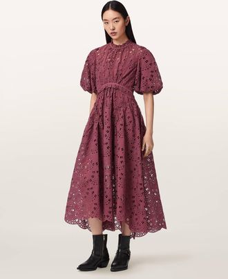 AllSaints Polyester Odette Broiderie Anglais Maxi Dress, Size: UK 14/US 10