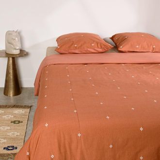 Maisons du monde Juego de cama de algod&oacute;n terracota con bordados crudos, 260x240 cm