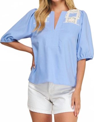 Liv Crochet V-Neck Blouse In Chambray