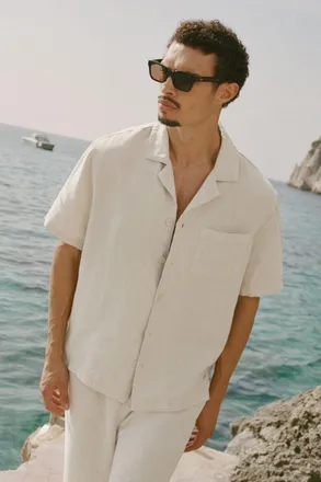 Alo | Linen Days Short Sleeve Button Up Top in Bone, Size: Medium