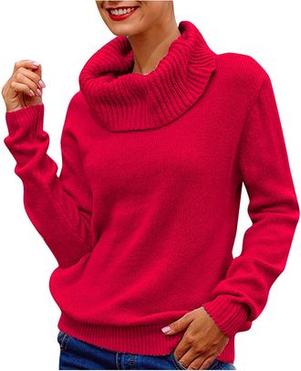 Generic Roll Neck Jumpers for Women UK Clearance Size 20 Sleeve Women Turtleneck Knitted Solid Jumper Pullover Sweater Long Top Blouse Womens Blouse Red