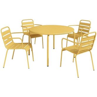Vente-Unique Sala da pranzo da giardino un tavolo D.110cm e 4 poltrone impilabili Metallo Giallo senape - MIRMANDE di MYLIA