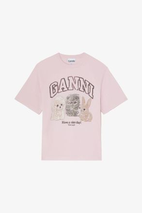 Ganni Pink T-shirt with Animals - Size XXS Organic Cotton