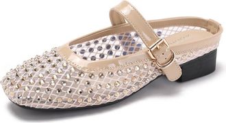 Generic Womens Fashion Rhinestone Mesh Mules Sandals Slip On Backless Casual Breathable Versatile Mary Jane Shoes (7.5,Apricot)
