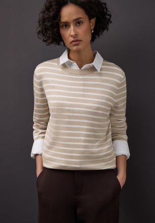 Street One Strickpullover STREET ONE, Damen, Gr. 34, cotton beige, Strick, Obermaterial: 86% Viskose, 14% Polyester, gestreift, normal h&uuml;ftbedeckend, Rundhals, B