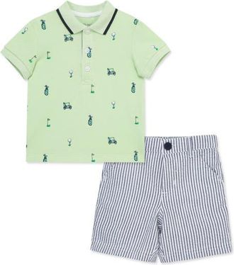 Little Me Golf Print Cotton Polo & Stripe Shorts Set in Blue at Nordstrom, Size 12M