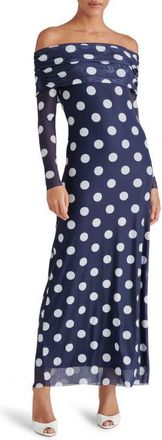Steve Madden Aurelia Dot Off the Shoulder Long Sleeve Maxi Dress in Marine at Nordstrom, Size X-Large