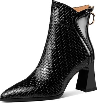 TinaCus Embossed Patent Leather Womens Pointed Toe Handmade Back Zipper High Block Heels Ankle Boots, Black, 8 UK