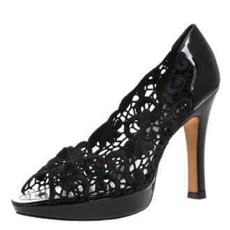 Rene Caovilla Black Lace Peep Toe Pumps
