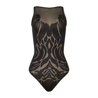Wolford Sheer-matt Rose Patroon Rechte Hals Bodysuit - Dames - Bodies - Zwart - L - Katoen - Tops