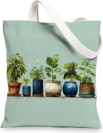 Generic Botanical Canvas Tote Bags, Plant Pattern Reusable Grocery Bags, Eco-Friendly Lightweight Washable Shoulder Strap Bags for Travel Picnic 13x15 Inch