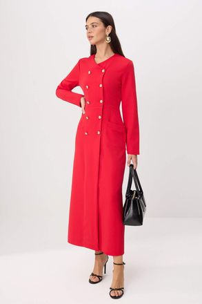 Trendyol Modest Dames Rood Effen Maxi Lang Zakelijk Double-breasted Modest Jurken
