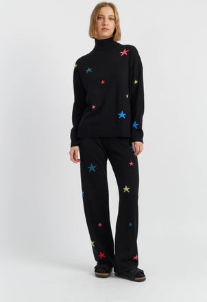Chinti and Parker Black Wool-Cashmere Star Wide-Leg Track Pants
