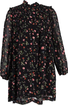 Ganni Ganni Elm Pintucked Floral-Print Mini Long Sleeve Dress in Multicolor Viscose