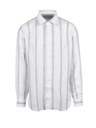 Eleventy White Blue Linen Gauzed Shirt