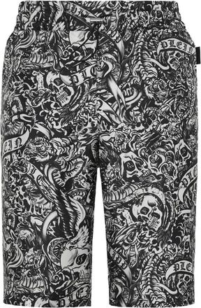 Philipp Plein Korte Broeken, Heren, Zwart, 3Xl, Leer, Silk Cool Kid Shorts Tattoo
