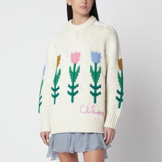Chlo&eacute; Maglione oversize in lana color latte con tulipani
