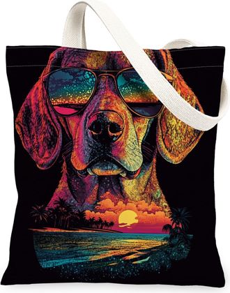 Generic Summer Beagle Dog Canvas Tote Bag for Shopping 13x15, Cool Beach Coastal Puppy Reusable Grocery Print Pattern Bag for Women, Retro Pet Beach Aesthetic