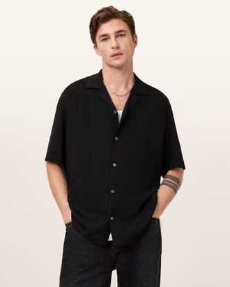 AllSaints Mens Viscose Venice Revere Collar Ramskull Shirt, Size: XXL