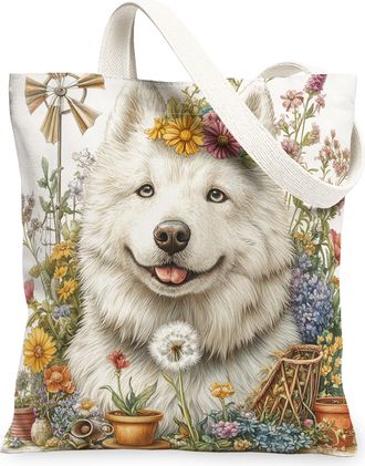 Generic Spring Samoyed Dog Canvas Tote Bag for Shopping 13x15, Farmhouse Country Puppy Reusable Grocery Print Bag for Women, Farm Pet Beach Aesthetic Painting
