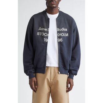 Acne Studios Logo Zip Front Cotton Blend Sweatshirt in Black at Nordstrom, Size X-Large