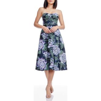 Dress The Population Carlita Embroidered Sequin Floral Strapless Cocktail Midi Dress in Navy Multi at Nordstrom Rack, Size Xx-Small
