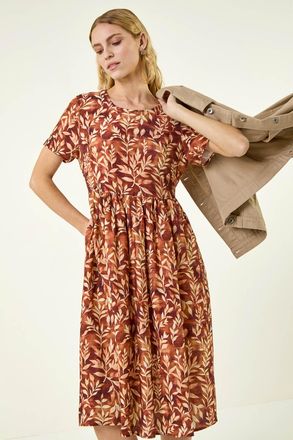 Roman Leaf Print Smock Midi Dress