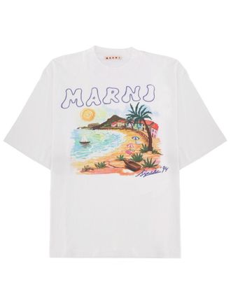 Marni White Beach Scene Printed Cotton T-Shirt