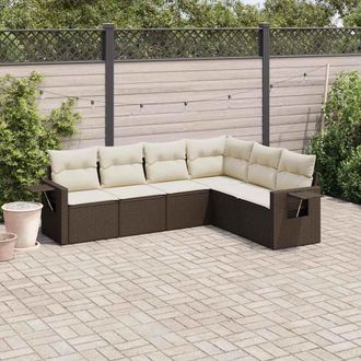 vidaXL Set Sof&aacute;s De Jard&iacute;n 6 Piezas Y Cojines Rat&aacute;n Sint&eacute;tico Marr&oacute;n Vidaxl