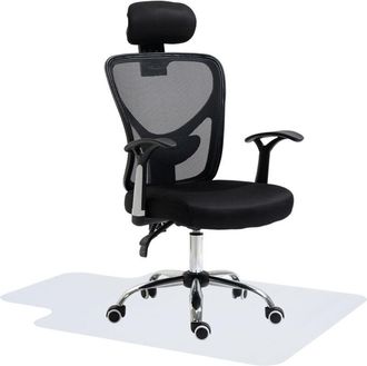 HOMCOM Homcom - Conjunto De 1 Silla De Oficina Reclinable Con Altura Ajustable 62x67x108-118 Cm Y 1 Alfombra Protectora De Suelo 90x120 Cm Negro Y Transparen