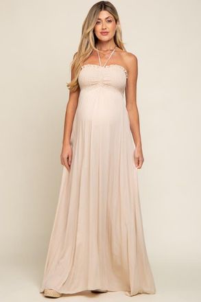 Pinkblush Smocked Halter Maxi Dress in Beige at Nordstrom, Size Medium