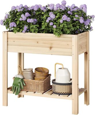 Woltu Woltu Macetero Elevado Para Jard&iacute;n De Verduras, Balc&oacute;n, Exterior, De Madera Natural, Con Estante, Color Madera