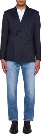 Tagliatore Mens Linen And Wool-Blend Double-Breasted Blazer Blue Jacket